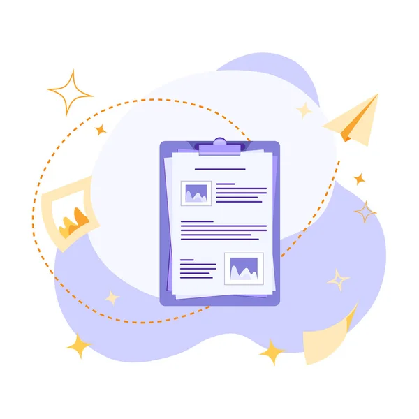 Soyut arkaplanda sosyal medya simgeleriyle pano düz vektör çizimi. Planlama, anket, sınav, yapılacaklar listesi veya anlaşma, webinar veya çevrimiçi eğitim kavramı.