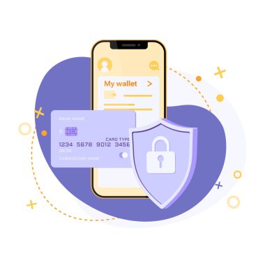  Düz vektör illüstrasyon güvenli kredi kartı işlemi ve online cüzdan uygulaması. Güvenli ödemeler, ödeme koruma konseptleri. Kredi kartı, kalkanda kilit ve akıllı telefon