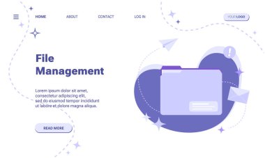 Dosya yönetimi araçları servis şablonu veya web pankartı konsepti. Soyut geometrik şekillere ve soyut arkaplan simgelerine sahip dosya dizininin vektör illüstrasyonu