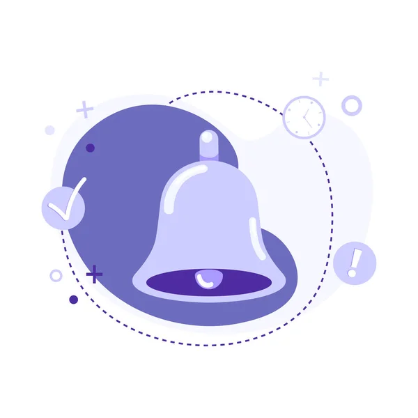 Soyut arkaplan üzerinde uyarı çanı simgesi düz vektör çizimi. Reklam konsepti, yeni mesaj, çalar saat, tebligat, alarm ve duyuru. Web pankartı, web sitesi veya uygulama için kullanılabilir