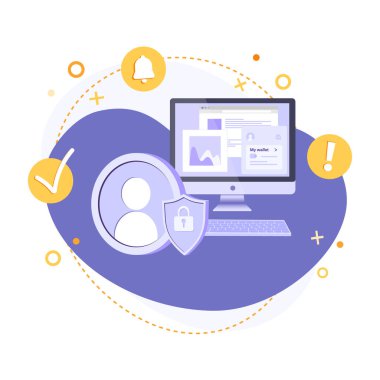  Soyut arkaplana kilitlenmiş Avatar simgesi, bilgisayar ve kalkan. Kullanıcı korumasının düz vektör çizimi, hesap güvenliği, güvenli ödemeler, çevrimiçi cüzdan uygulaması ve kimlik doğrulama kavramı