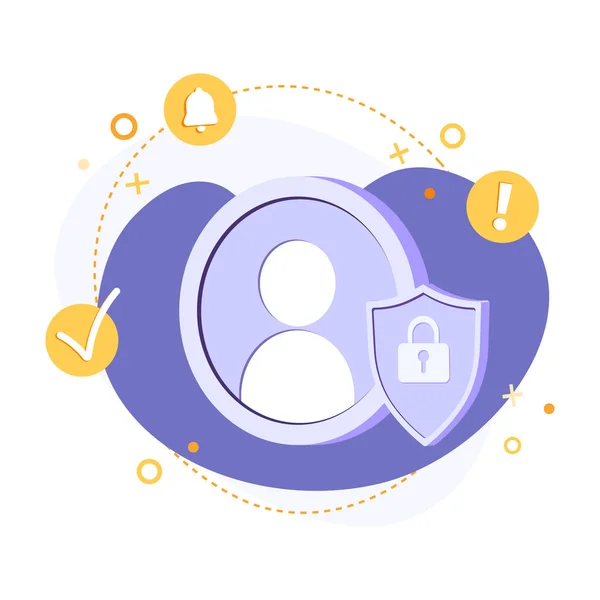 Düz vektör illüstrasyon kullanıcı koruması, kişisel bilgiler ve hesap güvenli. İnternet ve kimlik doğrulama güvenlik kavramlarında güvenlidir. Soyut arkaplana kilitlenmiş Avatar simgesi ve kalkanı