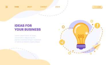 İş için fikir, yaratıcı akıl ya da beyin fırtınası konsepti iniş sayfası şablonu ya da web pankartı. Soyut arkaplanda soyut geometrik şekiller ve simgelerle çevrili ampul lambalı vektör illüstrasyonu