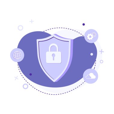 Kilit simgesi çizimine sahip kalkan güvenliği soyut arka planda izole edildi. Koruma, güvenlik, şifre güvenliği, antivirüs, gizlilik ve siber güvenlik kavramı