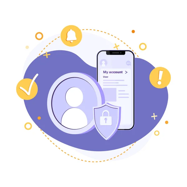 Avatar simgesi, telefon ve kalkan soyut arka plana kilitlendi. Kullanıcı korumasının düz vektör çizimi, hesap güvenliği, güvenli ödemeler, çevrimiçi cüzdan uygulaması ve kimlik doğrulama kavramı.