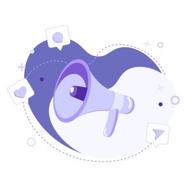 Soyut arka planda sosyal medya simgeleriyle megafon ya da hoparlör düz vektör çizimi. Reklam konsepti, bize katılın, boşluk, bilgilendirme ve duyuru. Web afişi, broşür ya da uygulama için