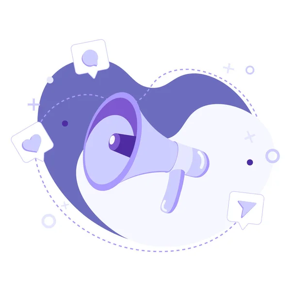 Soyut arka planda sosyal medya simgeleriyle megafon ya da hoparlör düz vektör çizimi. Reklam konsepti, bize katılın, boşluk, bilgilendirme ve duyuru. Web afişi, broşür ya da uygulama için