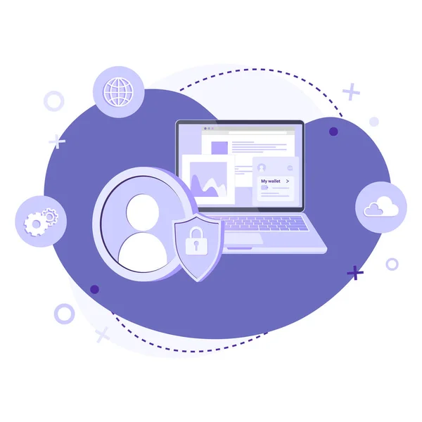 Avatar simgesi, dizüstü bilgisayar ve kalkan soyut arka plana kilitlenmiş. Kullanıcı korumasının düz vektör çizimi, hesap güvenliği, güvenli ödemeler, çevrimiçi cüzdan uygulaması ve kimlik doğrulama kavramı.