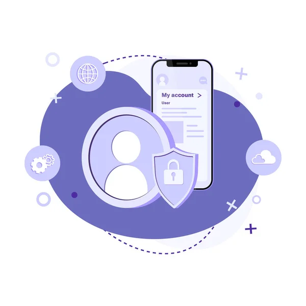 Avatar simgesi, akıllı telefon ve soyut arka plana kilitlenmiş kalkan. Kullanıcı korumasının düz vektör çizimi, hesap güvenliği, güvenli ödemeler, çevrimiçi cüzdan uygulaması ve kimlik doğrulama kavramı.
