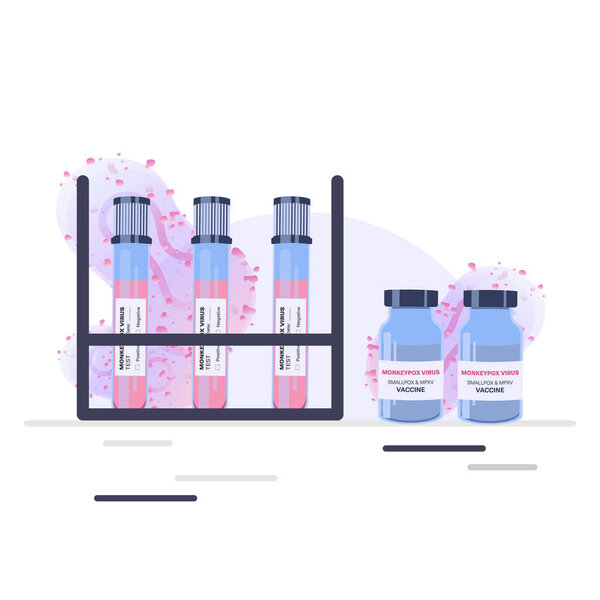 Pandemic Monkeypox outbreak. Blood sample tube for Monkeypox virus test, vaccine and flasks with a virus in the laboratory. Monkey pox virus cells outbreak medical vector illustration for web banner