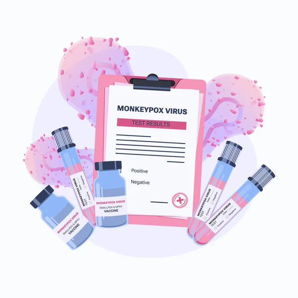 Maymun Çiçeği salgını. İçinde belgeler olan pano, Maymun Çiçeği virüsü testi ve aşısı için laboratuarda kan örneği tüpü. Maymun çiçeği virüsü hücreleri tıbbi vektör çizimini bozdu