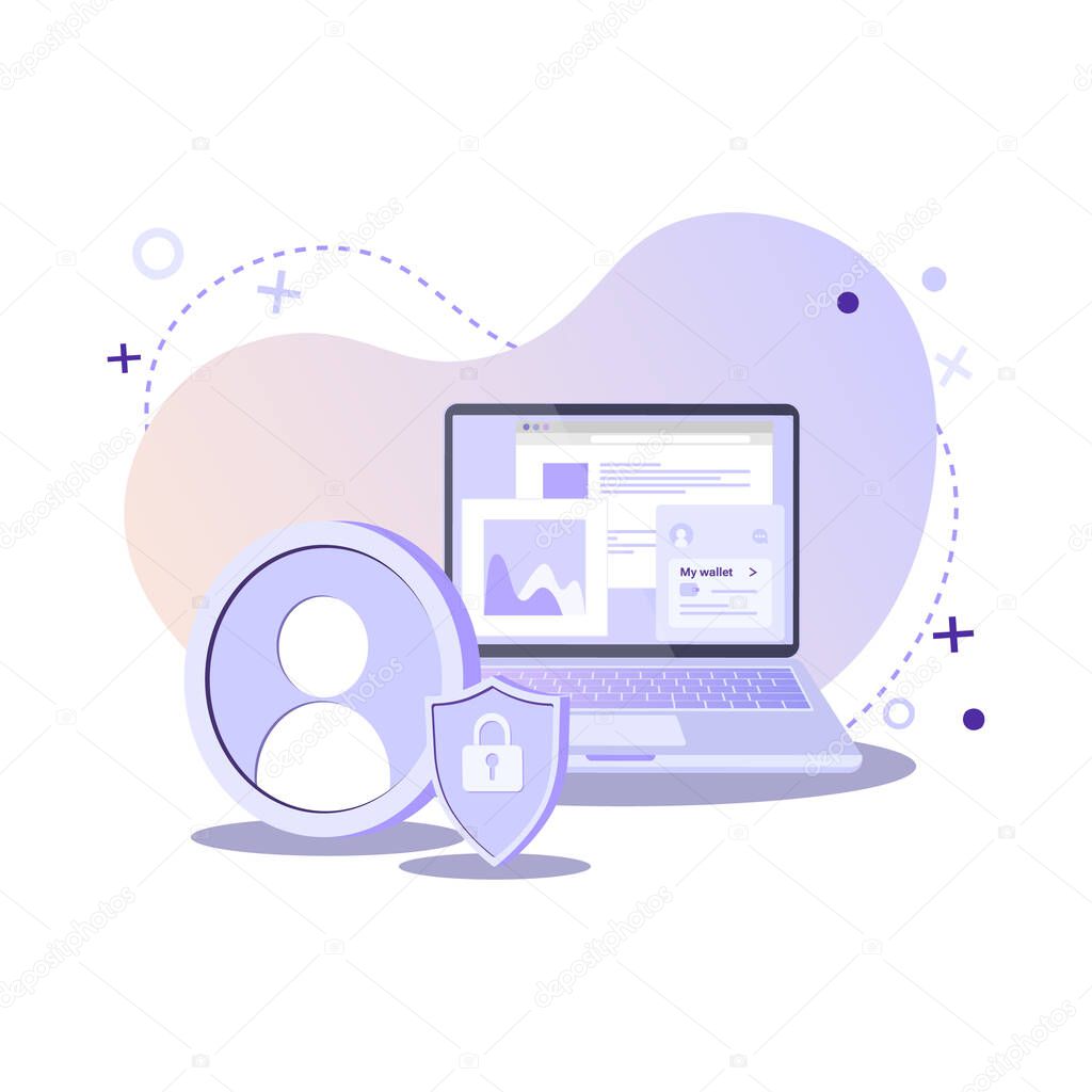 Flat vector illustration of user protection, account secure, safe payments, online wallet app and authentication concept. Avatar icon, laptop and shield with lock on abstract gradient background.