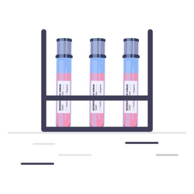 Pandemic Monkeypox outbreak. Blood sample tube for Monkeypox virus test, medical vials and flasks in the laboratory. Monkey pox virus cells outbreak medical vector illustration