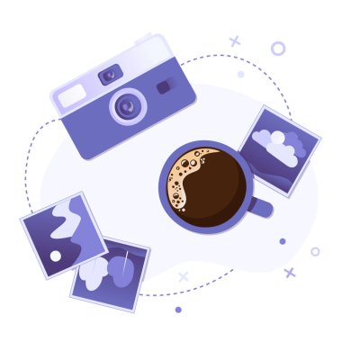 Instant photo camera with photos and cup of coffee in flat style on abstract background. Vintage Photo camera with pictures and coffee mug. For banner, website, social media, app, flyer and stickers