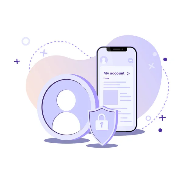 Avatar icon, smartphone and shield with lock on abstract gradient background. Flat vector illustration of user protection, account secure, safe payments, online wallet app and authentication concept.