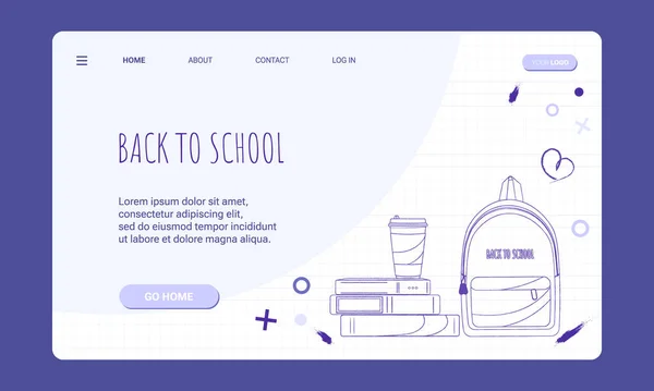 Web banner template for landing page and mobile app development with hand drawn doodle style books, cup of coffee, backpack and school notebook background. Back to school or school education concept.
