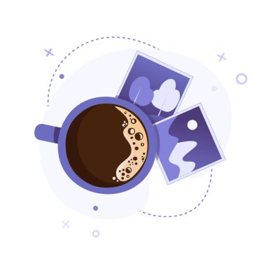 Instant photo with cup of coffee in flat style on abstract background. Vintage instant pictures and americano mug. For banner, website, social media, app, flyer and stickers