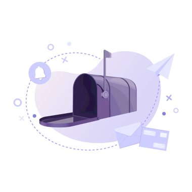 Purple mailbox with letter envelope, paper plane and notification icon on abstract gradient background. Email service, spam, correspondence, mail delivery, and newsletter concept.