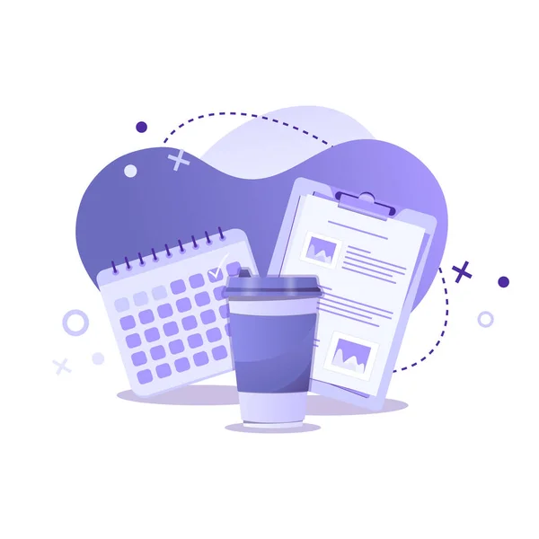 Clipboard, cup of coffee and calendar vector illustration. Office work, coffee break, planning, time management, schedule and online education concept for banner, website, social media, app and flyer.