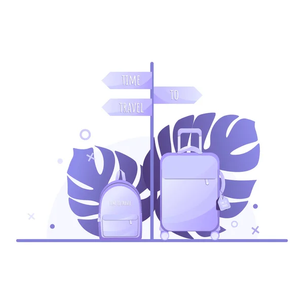 Purple suitcase on wheels with tag and backpack on a tropical monstera leaves background. Time to travel, summer holidays, booking, planning a vacation and tourism concept. Large textile baggage case and bag