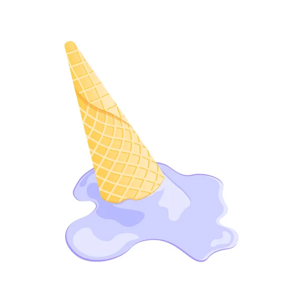 Flat vector illustration of violet ice cream melting and spilling from the waffle cone isolated on white background. Dessert fell to the ground. Minimalistic summer food concept