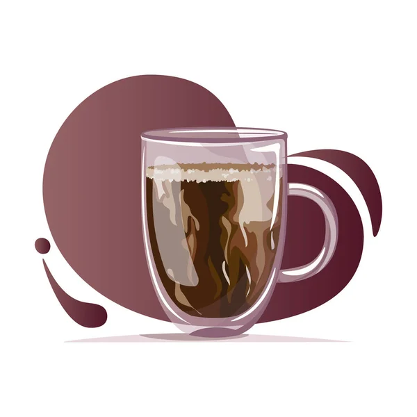 Vector illustration of glass mug with double bottom of coffee on dark gradient background. Coffee cup with americano and milk. Coffee illustration for banner, website, social media and and postcard