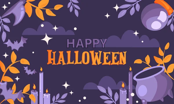 Fondo Halloween Purple Feliz Halloween Felicitación Postal Noche Halloween Sombrero — Archivo Imágenes Vectoriales