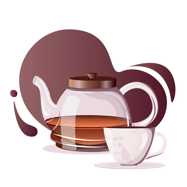 Векторная Иллюстрация Фарфоровой Чашки Чая Тарелки Чаем Стеклянным Чайником Темном — стоковый вектор