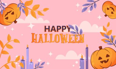 Cadılar Bayramı geçmişi. Pembe Cadılar Bayramı tebrik kartı. Cadılar Bayramı gecesi, şirin Cadılar Bayramı balkabakları, kartpostalın, posterin, afişin ya da çıkartmaların için yapraklar ve mumlar..