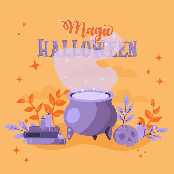 Halloween background. Happy Halloween holiday greeting postcard. Hello Halloween, Magic witch books, cauldron, scull and candles for your postcard, poster, banner or stickers.