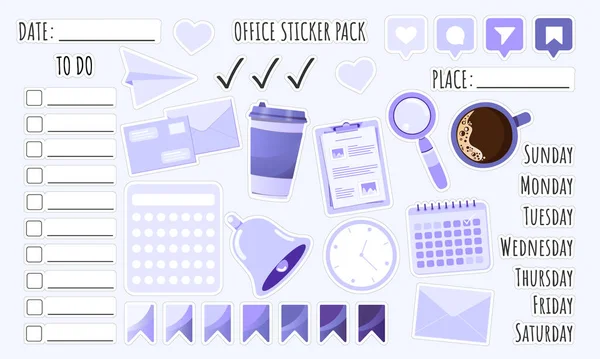 Takvim, saat ya da kahve gibi ofis unsurları. Tarih, yer, yapılacak iş, haftanın günleri ve defter, günlük, organizatör veya planlayıcı için takvim etiketleri.