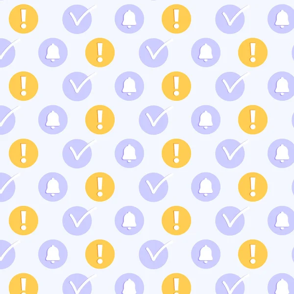 Zil, ünlem işareti ve mor arkaplanda poster, pankart, duvar kağıdı, yapıştırma defteri, tekstil ve diğer tasarım için işaretleme simgesi olan kusursuz desen.