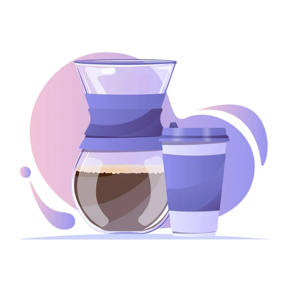 Vektor Illustration Einer Gläsernen Chemex Kaffeemaschine Mit Papierkaffeetasse Und Schwarzem — Stockvektor