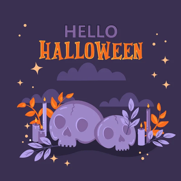 Hello Halloween background. Halloween holiday greeting postcard. Magic candles and sculls for your Halloween postcard, poster, banner or stickers