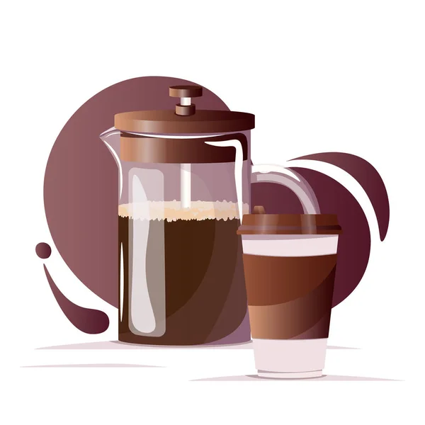 Szklany Dzbanek Kawy Francuski Ekspres Czarną Kawą Papierową Filiżanką Kawy — Wektor stockowy