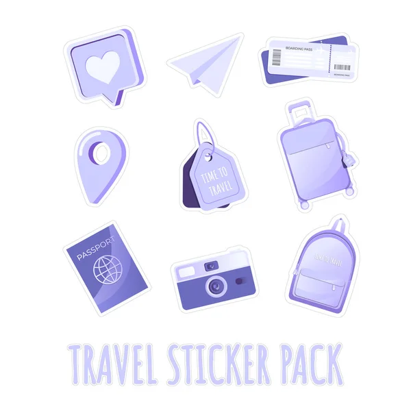 Travel Sticker Pack Set Travel Elements Suitcase Camera Ticket Flat — Vetor de Stock