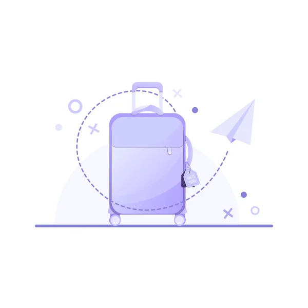 Üzerinde kağıt uçak etiketi olan mor bir bavul. Seyahat, yaz tatili, rezervasyon, tatil ve turizm planlama. Büyük tekstil seyahat çantası