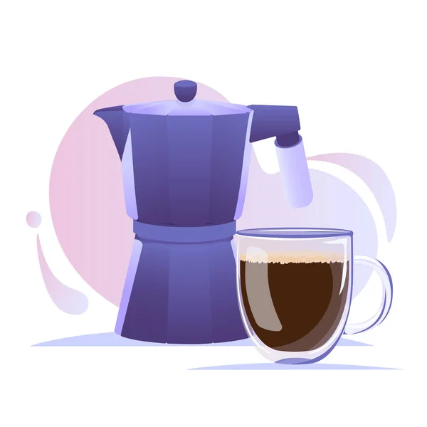 Çift dipli cam bardak ve kahve dükkanı, kafe, mutfak veya kahve molası için koyu kahve makineli gayzer kahve makinesi.