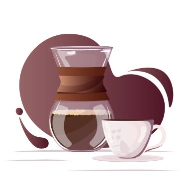 Porselen fincanlı cam kimya kahve makinesi, çay tabağı ve sade kahve. Afiş, web sitesi, sosyal medya ve kartpostal için kahve molası, kafe veya kahve dükkanı illüstrasyonu