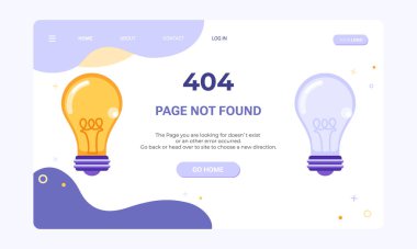 404 sayfası bulunamadı. 404 hata web sayfası pankart şablonu. Hata ve arıza şablonu tasarımı için açık ve kapalı ampullerin düz çizimi