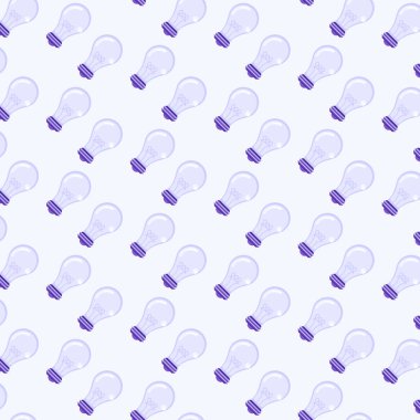 Afiş, afiş ve duvar kağıdı için mor arka planda ampul lambası simgeleri olan kusursuz desen. Ambalaj kağıdı deseni, hatıra defteri desenleri, tekstil ve diğer tasarım.