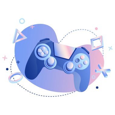 Oyun için oyun kontrolörleri, joystickler ya da oyun alanı için düz vektör illüstrasyonu, soyut arkaplanda disk ve vr başlık. Modern aygıtı, web pankartı, web sayfası ve uygulama için oculus denetleyicisini kavra