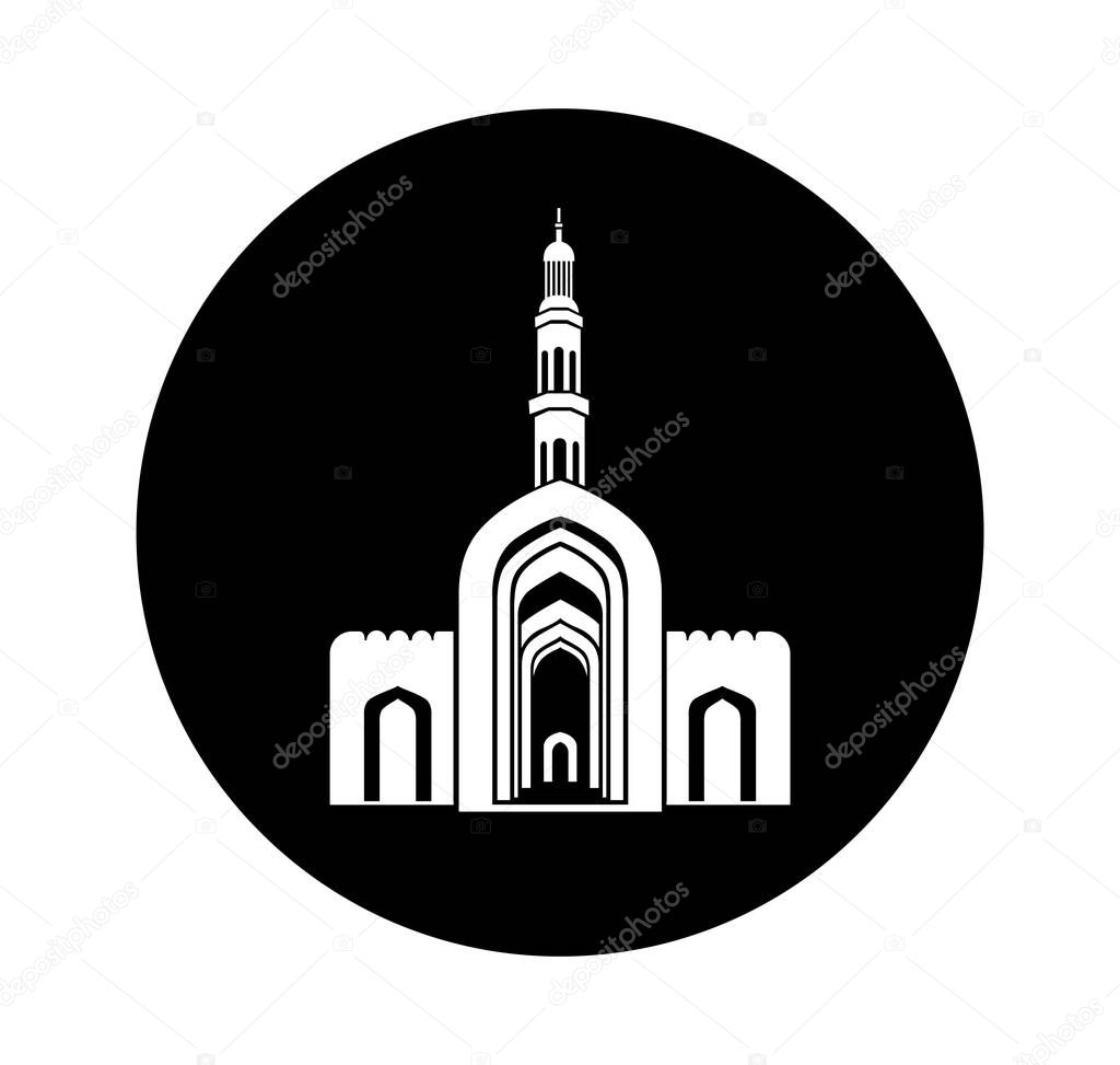 Sultan Qaboos Grand Mosque vector icon. Sultan Qaboos Grand Mosque vector illustration, Sultan Qaboos Grand Mosque front gate in black and white color.
