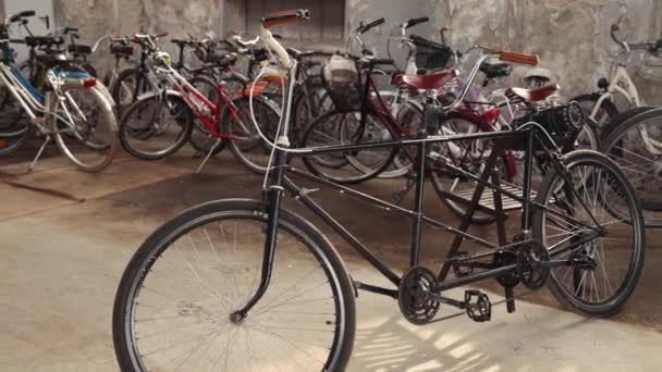 Rijden tandem fiets. Familie rit stalen dubbele zits fiets, outdoor activiteit. — Stockvideo