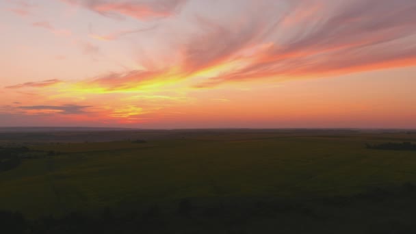 Природний захід сонця над полем, луг. Яскраве драматичне небо, темна земля . — стокове відео