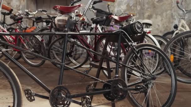 Conduce en tándem. Bicicleta familiar de acero de dos plazas, actividad al aire libre. — Vídeos de Stock