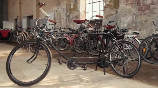 Guidare tandem bici. Bicicletta doppia in acciaio per famiglie, attività all'aperto. — Video Stock