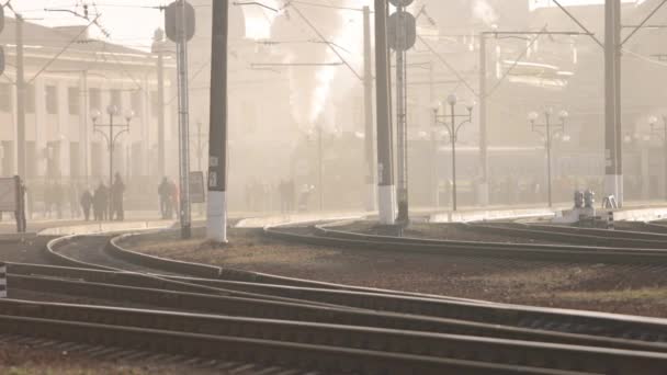 Vintage steam train locomotive, locomotive wheels. Steam train departs — Wideo stockowe