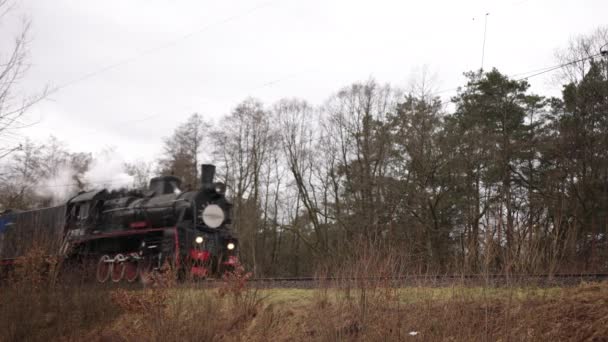 Vintage parní lokomotiva, lokomotivní kola. Parní vlak odjíždí — Stock video