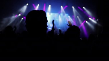 Rock konserindeki insanlar. Mutlu insanların siluetleri ellerini kaldırıyor.